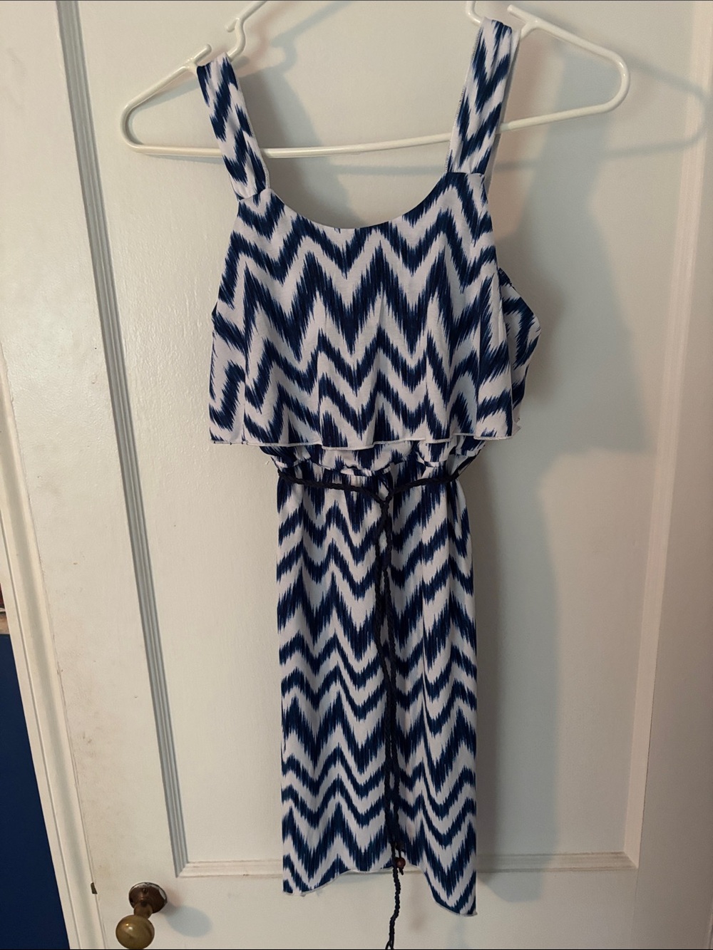Three Hearts Navy and White Chevron cold shoulder dress